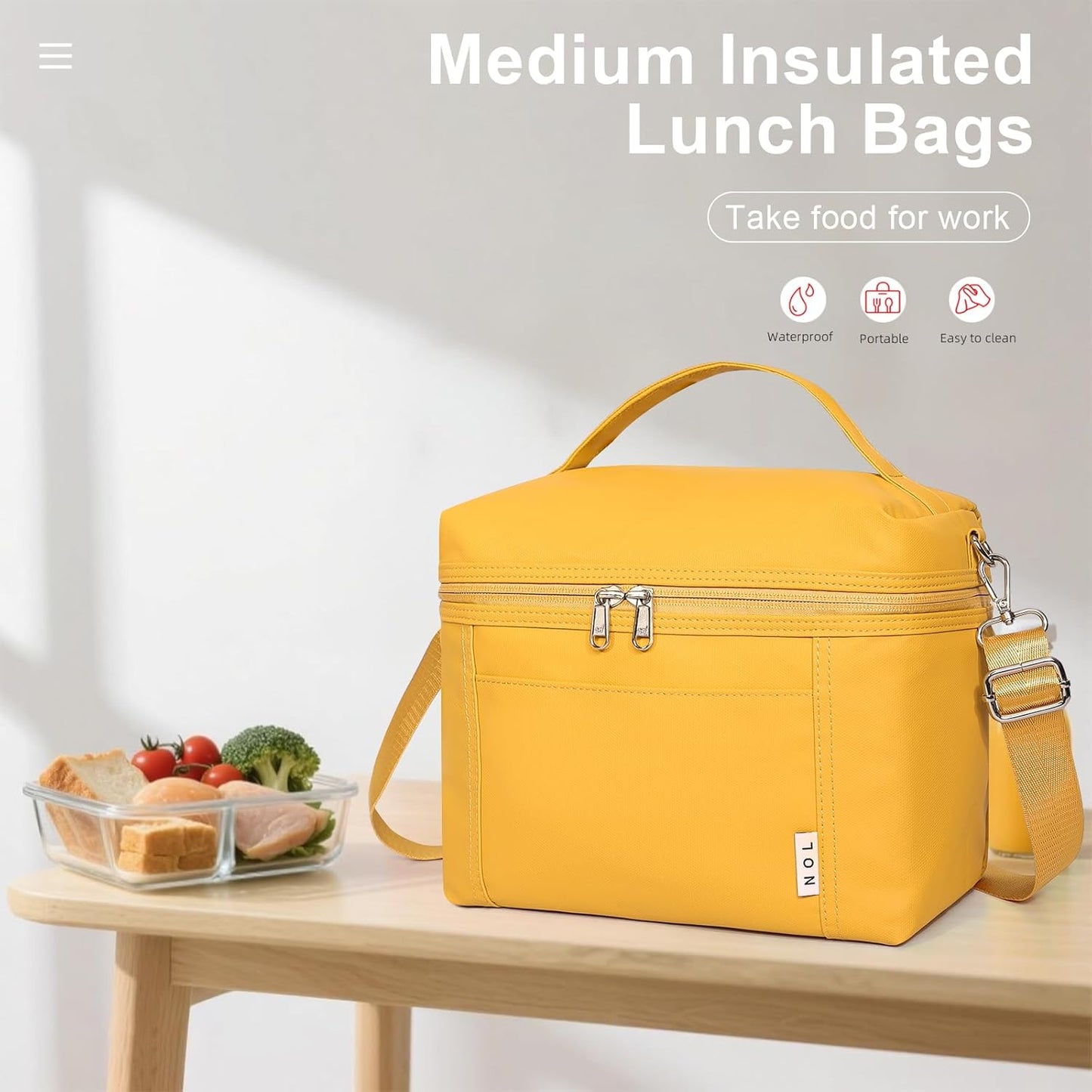 Insulated Lunch Bags for Women Cooler Bag Lightweight Nylon Waterproof Lunch Box For Work (Earth-yellow, Medium(normal))