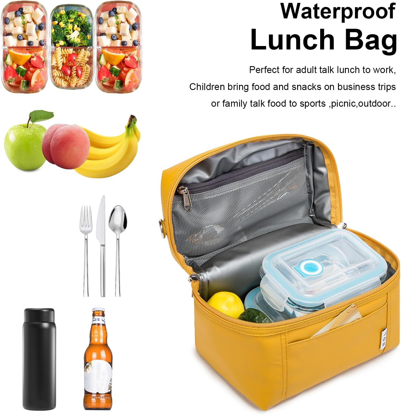 Insulated Lunch Bags for Women Cooler Bag Lightweight Nylon Waterproof Lunch Box For Work (Earth-yellow, Medium(normal))