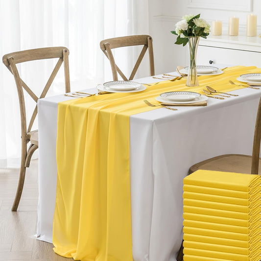 12 Pack Chiffon Table Runner 14x108 Inch Long 9ft Sheer Table Runners for Party Romantic Wedding Bridal Shower Fall Decorations-Yellow