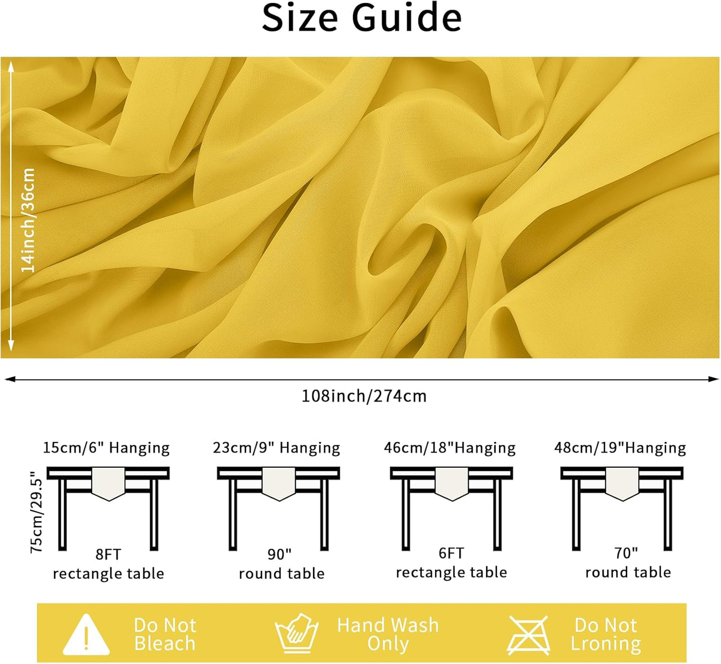 12 Pack Chiffon Table Runner 14x108 Inch Long 9ft Sheer Table Runners for Party Romantic Wedding Bridal Shower Fall Decorations-Yellow