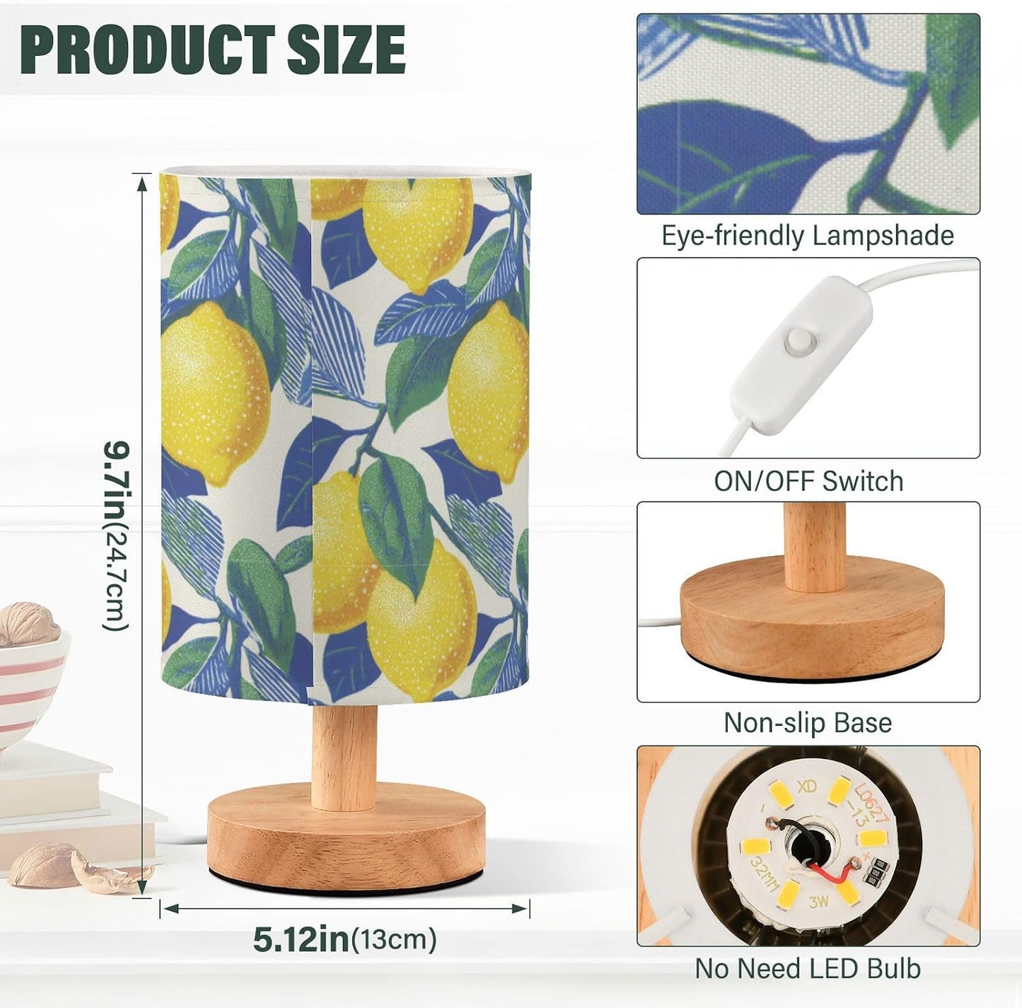 Bedside Table Lamp Lemon Yellow Citrus Fruits (26) Kids Nightstand Lamp Night Light Fabric Shade for Bedroom Living Room Home Office
