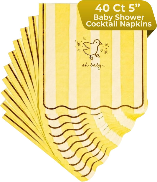 Baby Shower Scalloped Yellow/White Stripe Cocktail Napkins – 5inch, 40pcs