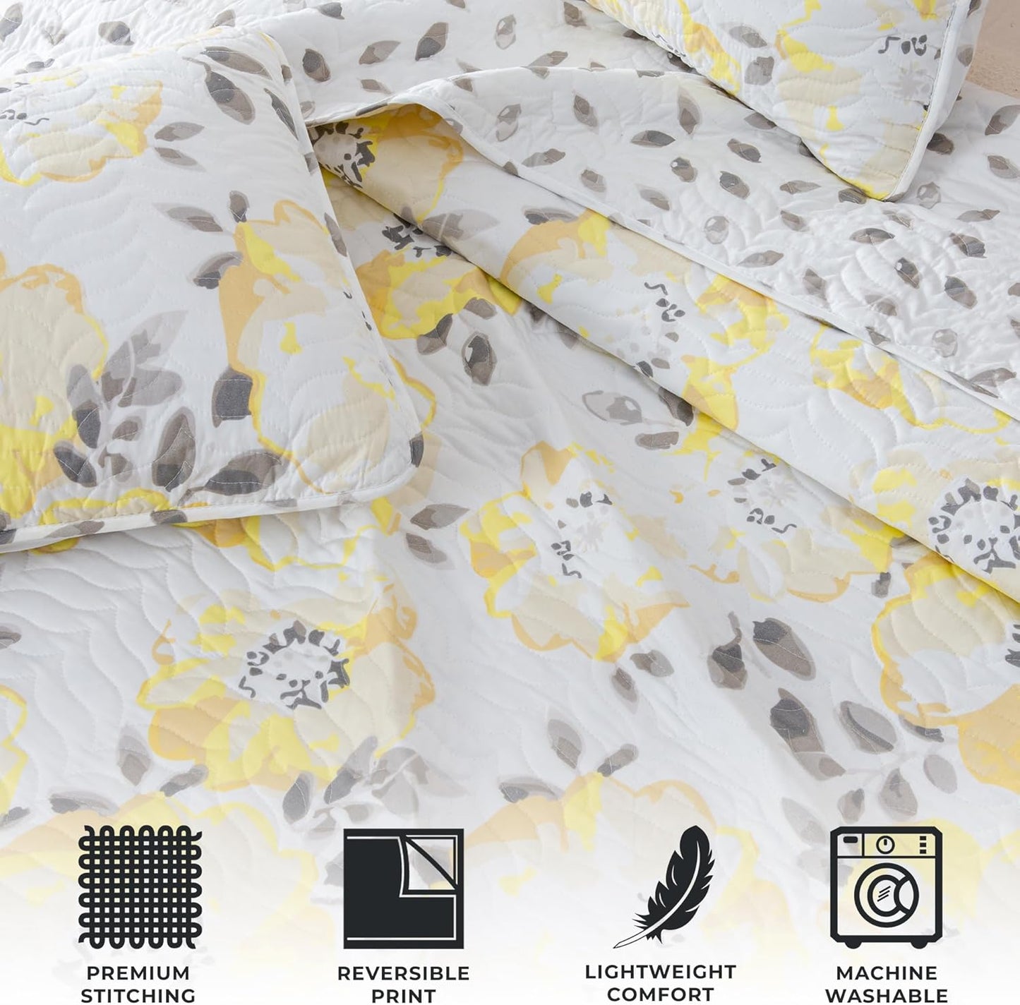 Floral King Quilt Set with Shams, Yellow Floral Bedding Set, All-Season, Lightweight Bedspread. Reversible. Farmhouse Bedding. (King, Helene)