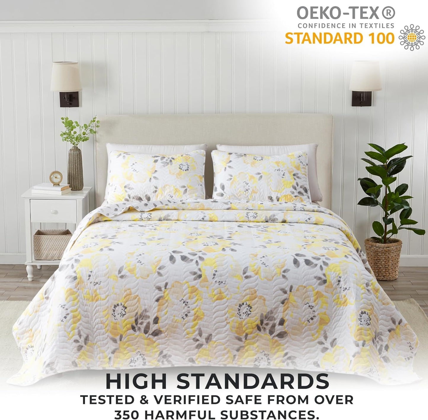 Floral King Quilt Set with Shams, Yellow Floral Bedding Set, All-Season, Lightweight Bedspread. Reversible. Farmhouse Bedding. (King, Helene)
