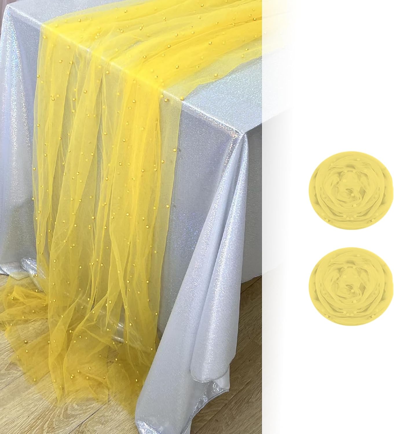 Pearl Table Runner Wedding Decor:Tulle Tablecloth Pearl Embellished Sheer Table Cloth Runners for Bridal Shower Party Engagement Arch Veil Lace Decorations (Yellow, 2pcs 150x150cm(59x59inch))