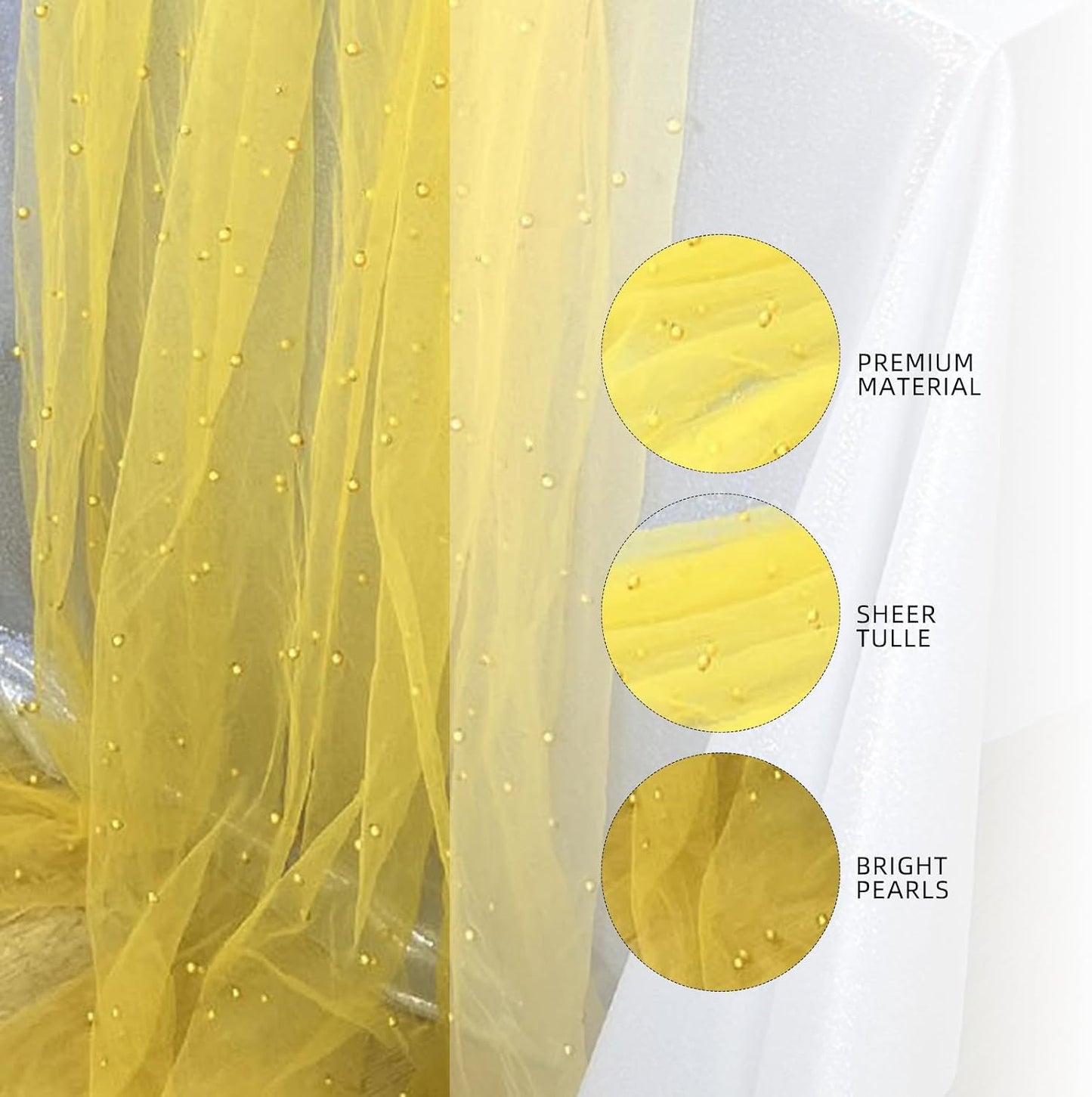 Pearl Table Runner Wedding Decor:Tulle Tablecloth Pearl Embellished Sheer Table Cloth Runners for Bridal Shower Party Engagement Arch Veil Lace Decorations (Yellow, 2pcs 150x150cm(59x59inch))