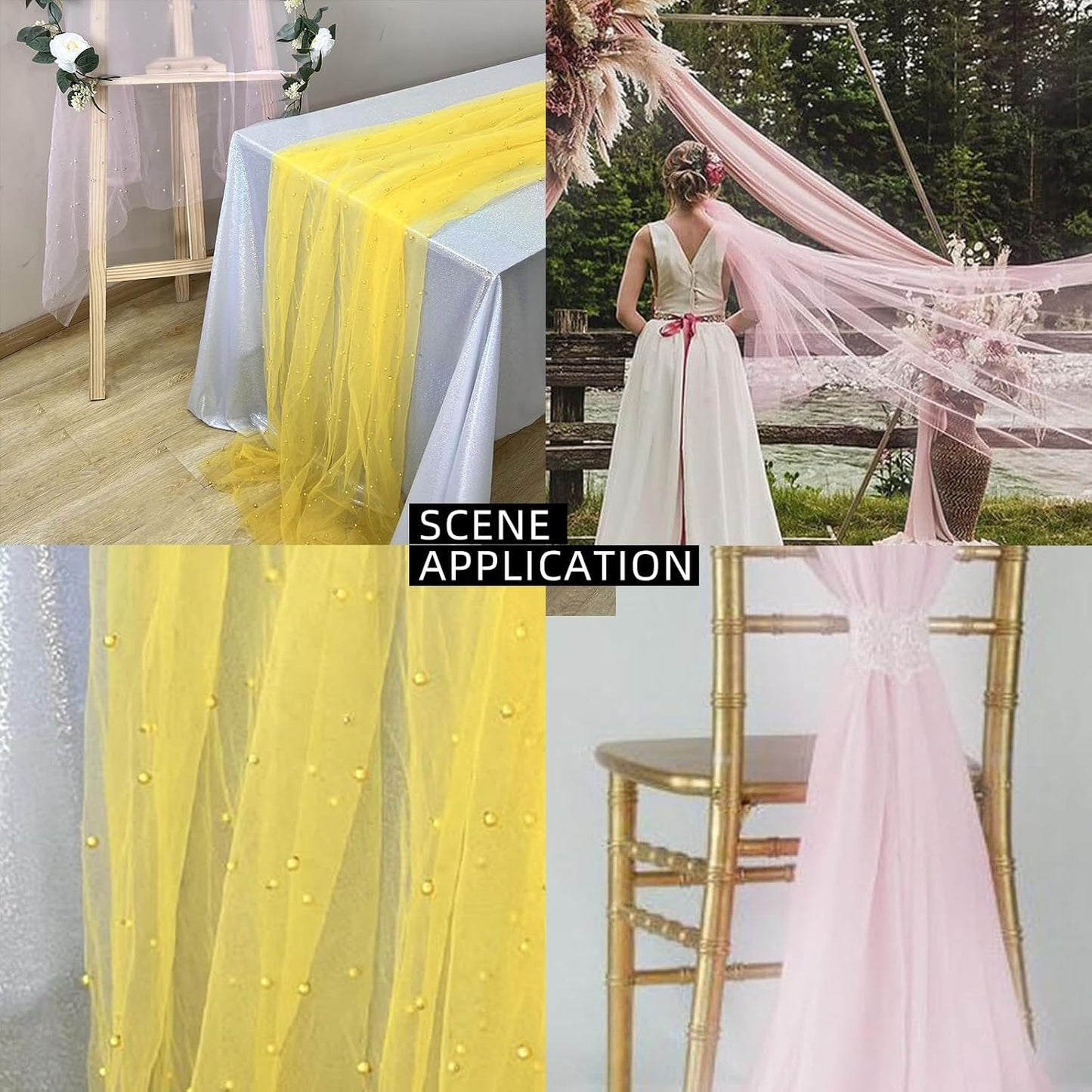 Pearl Table Runner Wedding Decor:Tulle Tablecloth Pearl Embellished Sheer Table Cloth Runners for Bridal Shower Party Engagement Arch Veil Lace Decorations (Yellow, 2pcs 150x150cm(59x59inch))