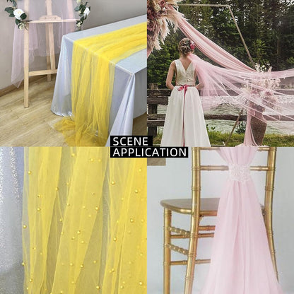 Pearl Table Runner Wedding Decor:Tulle Tablecloth Pearl Embellished Sheer Table Cloth Runners for Bridal Shower Party Engagement Arch Veil Lace Decorations (Yellow, 2pcs 150x150cm(59x59inch))