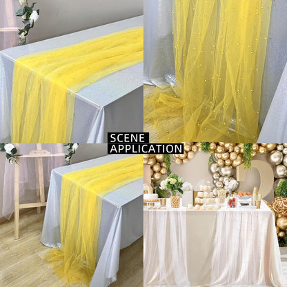 Pearl Table Runner Wedding Decor:Tulle Tablecloth Pearl Embellished Sheer Table Cloth Runners for Bridal Shower Party Engagement Arch Veil Lace Decorations (Yellow, 2pcs 150x150cm(59x59inch))