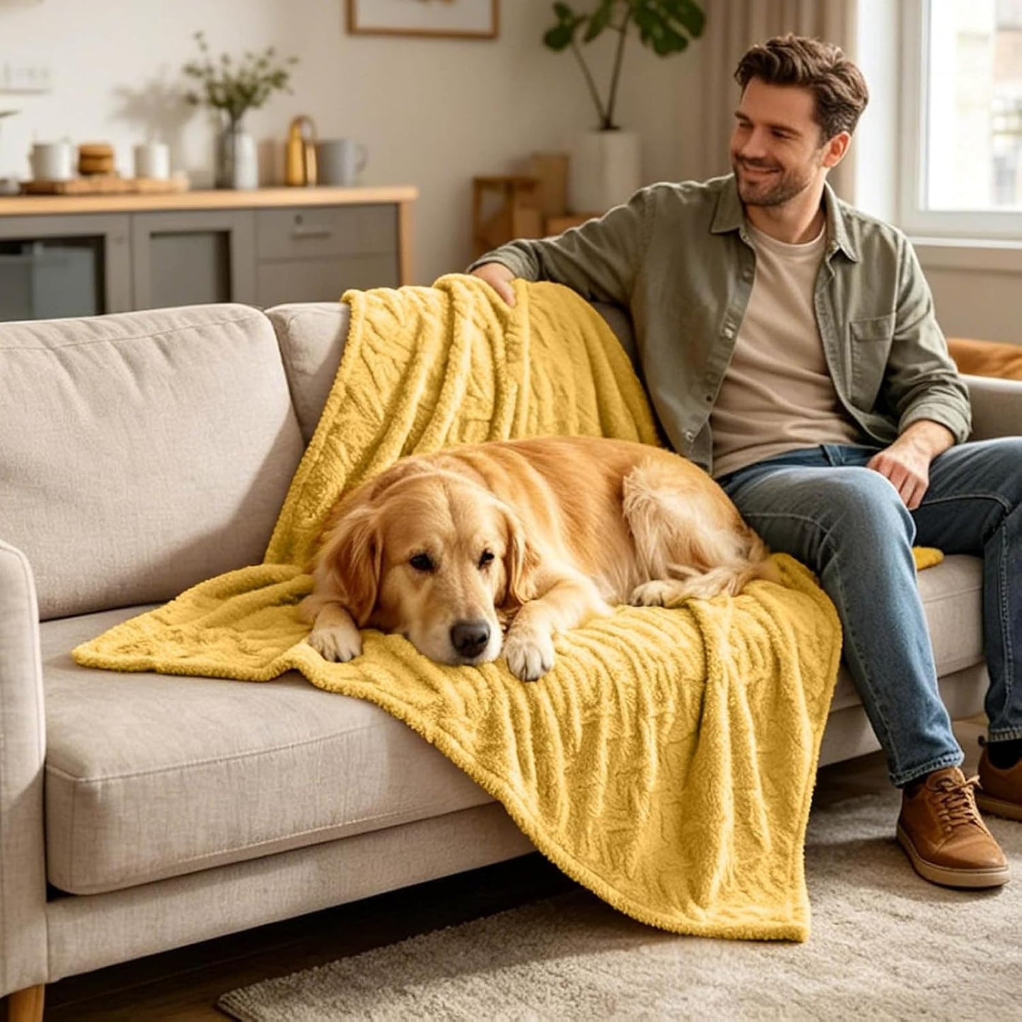 Emotional Support Yellow Blanket for Dogs, Polyester Pet Blanket with Cable Knit Pattern, Pet Throw for Couch Bed Crate Car, Machine Washable for Daily Use (Yellow, 70 * 100cm)