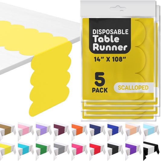 Yellow Plastic Disposable Table Runner. 5 Pack 14 x 108 inch. Scallop Table Runner Adds A Pop of Color to Your Party Table