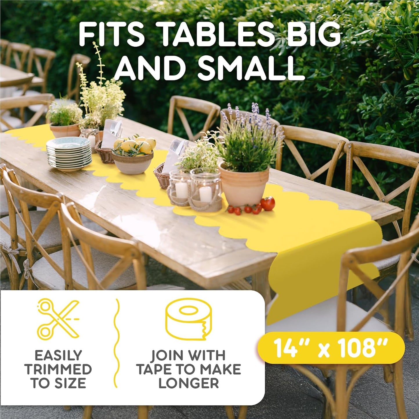Yellow Plastic Disposable Table Runner. 5 Pack 14 x 108 inch. Scallop Table Runner Adds A Pop of Color to Your Party Table