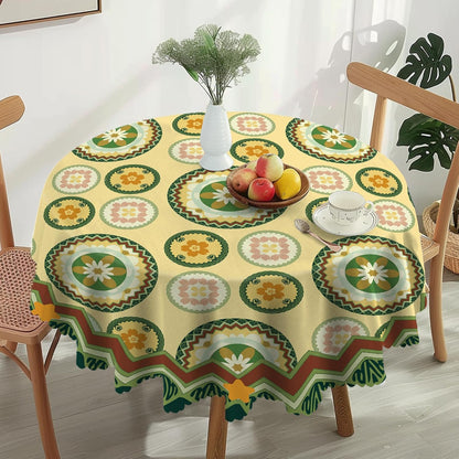 Round Tablecloth Sage Green Light Yellow Floral Polyester Waterproof Stain Resistant Outdoor Table Cloth 60 Inch