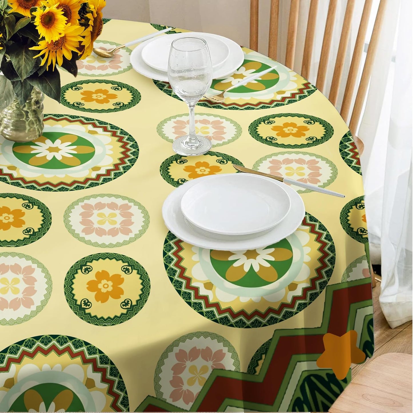 Round Tablecloth Sage Green Light Yellow Floral Polyester Waterproof Stain Resistant Outdoor Table Cloth 60 Inch