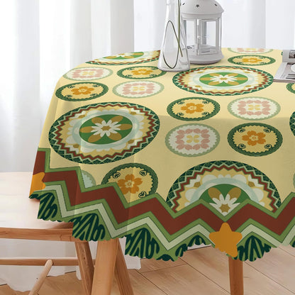 Round Tablecloth Sage Green Light Yellow Floral Polyester Waterproof Stain Resistant Outdoor Table Cloth 60 Inch