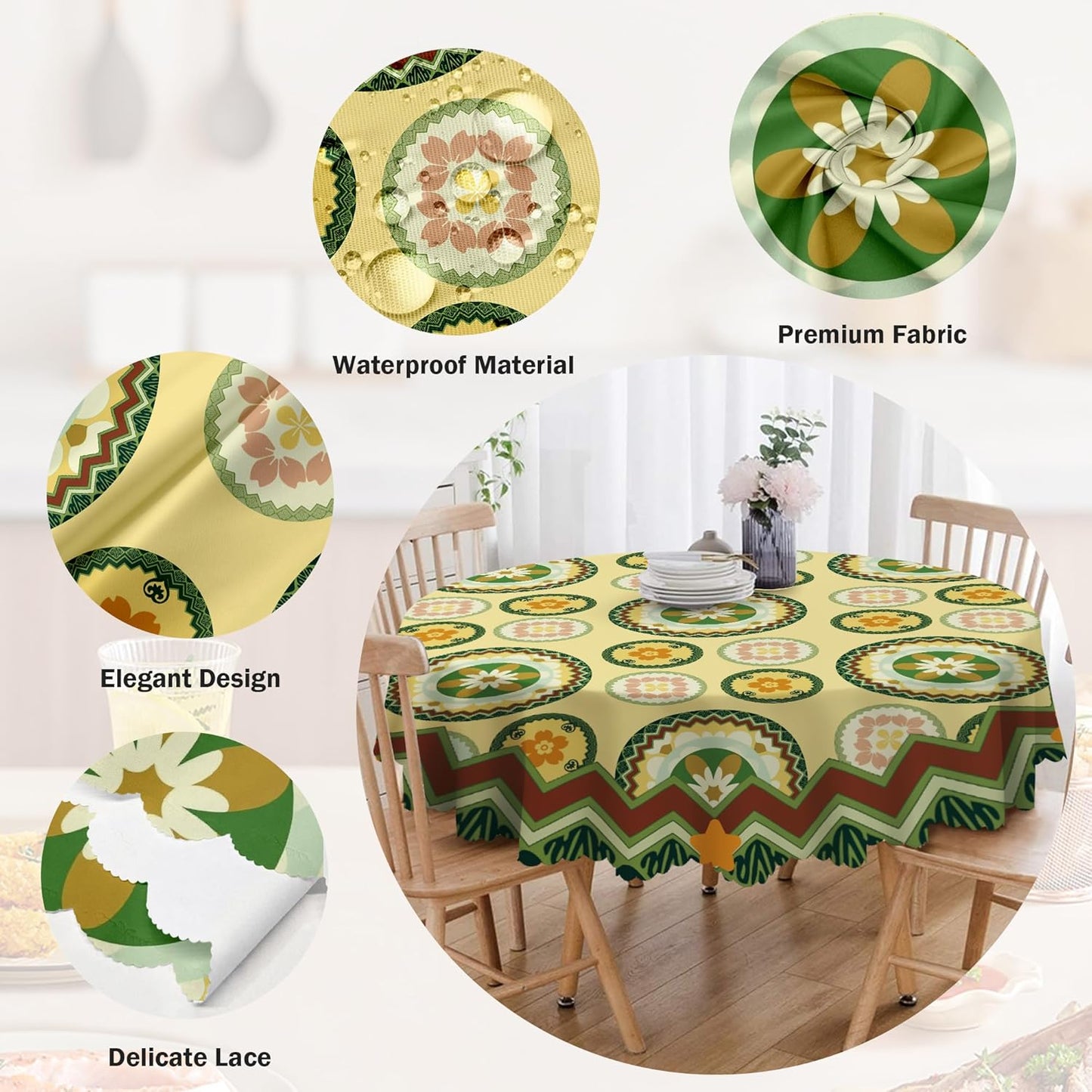 Round Tablecloth Sage Green Light Yellow Floral Polyester Waterproof Stain Resistant Outdoor Table Cloth 60 Inch