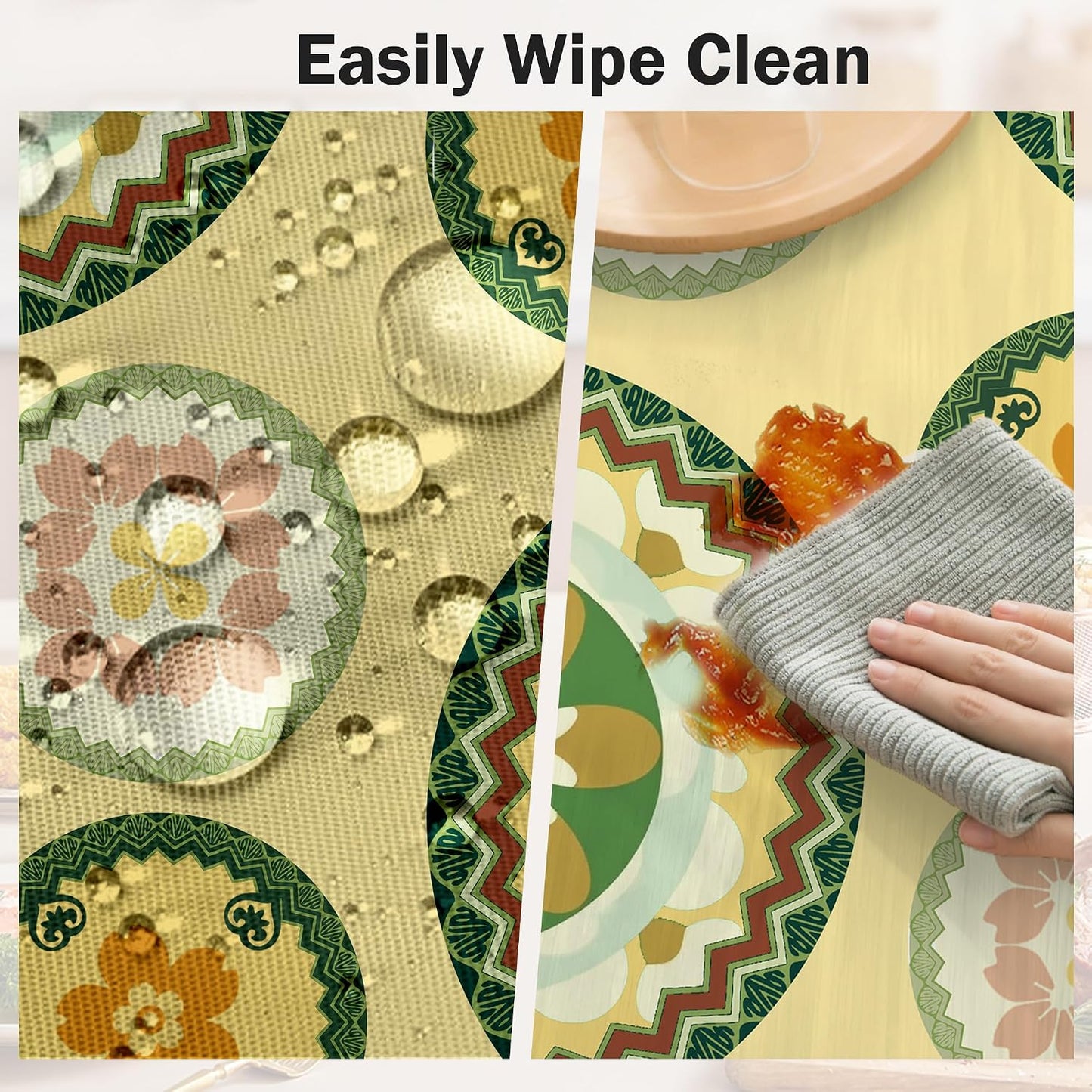 Round Tablecloth Sage Green Light Yellow Floral Polyester Waterproof Stain Resistant Outdoor Table Cloth 60 Inch