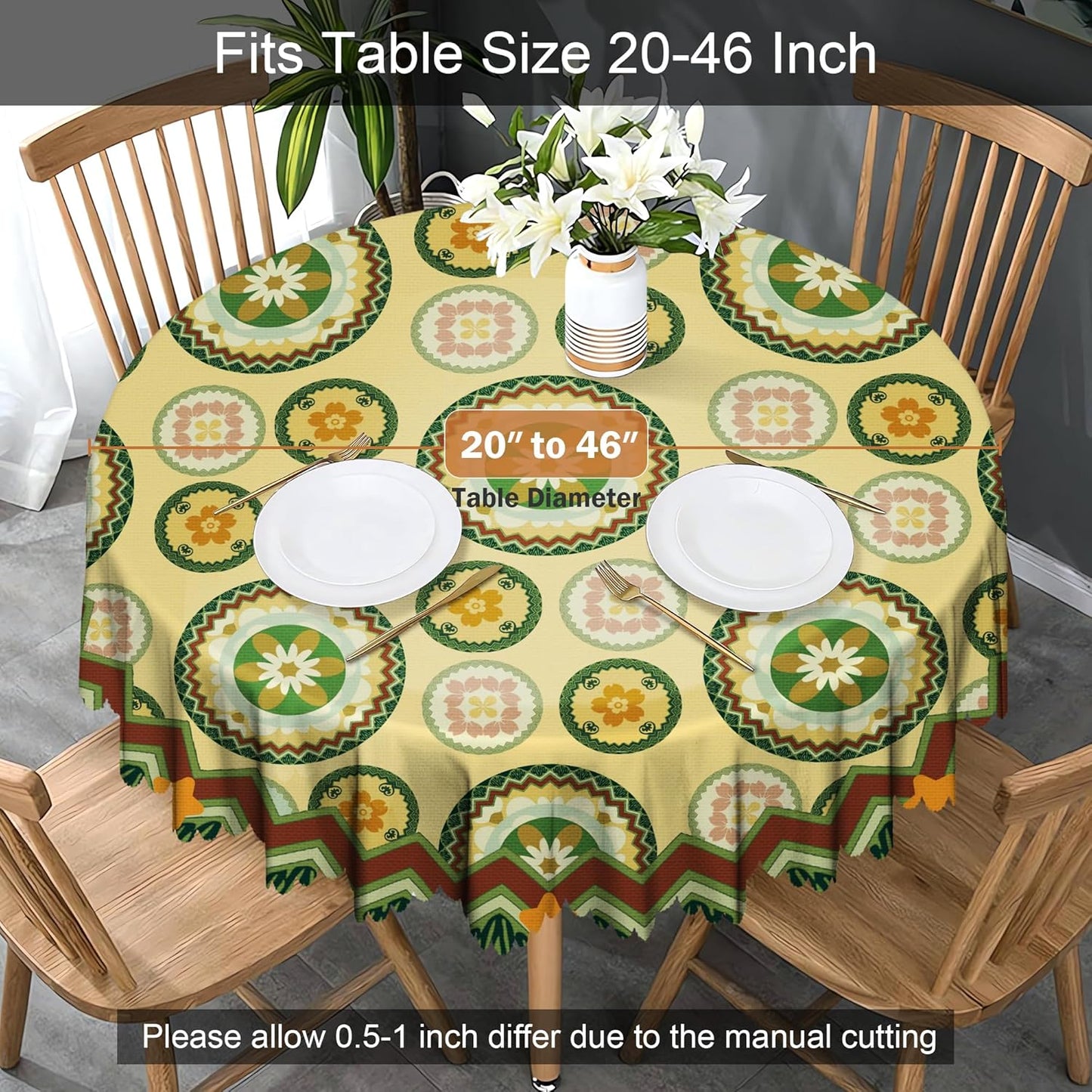 Round Tablecloth Sage Green Light Yellow Floral Polyester Waterproof Stain Resistant Outdoor Table Cloth 60 Inch