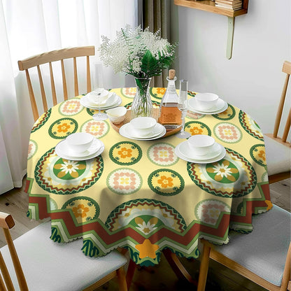Round Tablecloth Sage Green Light Yellow Floral Polyester Waterproof Stain Resistant Outdoor Table Cloth 60 Inch