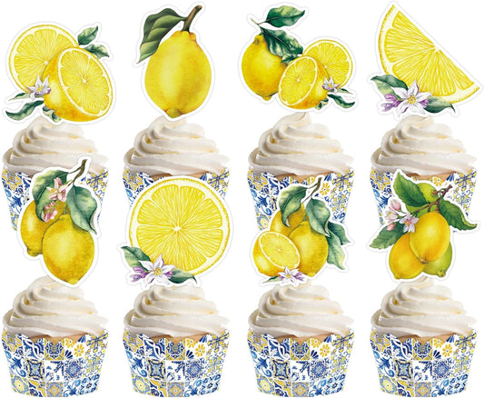 48 Pcs Amalffi Coast Cupcake Wrappers and Toppers, Mediterranean Blue Tile and Lemon Dessert Decorations, Italian Summer Theme Cake Liners and Picks for Wedding Party