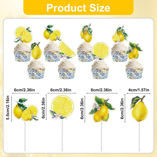 48 Pcs Amalffi Coast Cupcake Wrappers and Toppers, Mediterranean Blue Tile and Lemon Dessert Decorations, Italian Summer Theme Cake Liners and Picks for Wedding Party