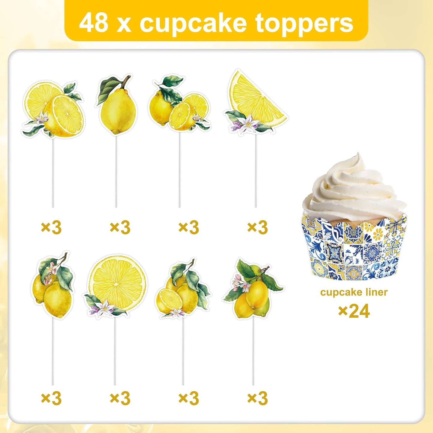 48 Pcs Amalffi Coast Cupcake Wrappers and Toppers, Mediterranean Blue Tile and Lemon Dessert Decorations, Italian Summer Theme Cake Liners and Picks for Wedding Party