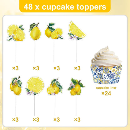 48 Pcs Amalffi Coast Cupcake Wrappers and Toppers, Mediterranean Blue Tile and Lemon Dessert Decorations, Italian Summer Theme Cake Liners and Picks for Wedding Party