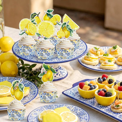 48 Pcs Amalffi Coast Cupcake Wrappers and Toppers, Mediterranean Blue Tile and Lemon Dessert Decorations, Italian Summer Theme Cake Liners and Picks for Wedding Party