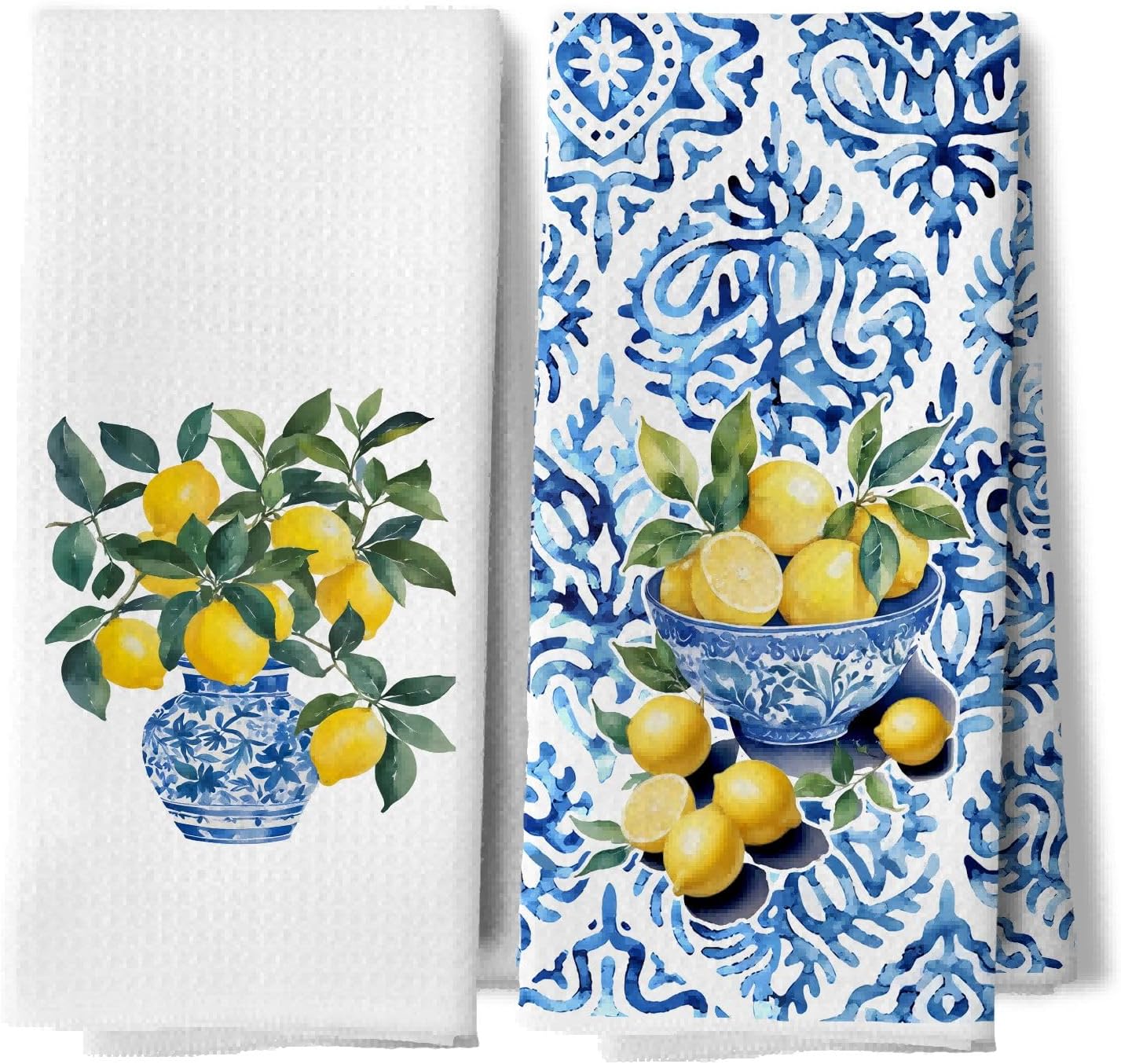 Italian Lemon Kitchen Dish Towels, Lemon Kitchen Decor, Mediterranean Blue and White Tile Grandmillennial Chinoiserie Decorative Hand Tea Towels for Bathroom, 16x24 Inches Set of 2