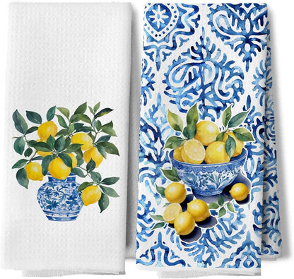 Italian Lemon Kitchen Dish Towels, Lemon Kitchen Decor, Mediterranean Blue and White Tile Grandmillennial Chinoiserie Decorative Hand Tea Towels for Bathroom, 16x24 Inches Set of 2