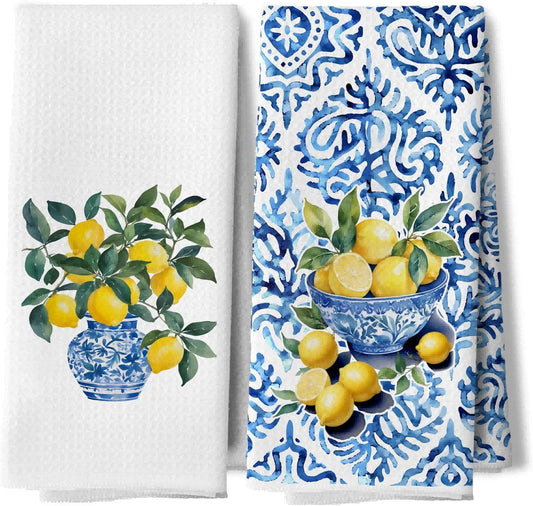 Italian Lemon Kitchen Dish Towels, Lemon Kitchen Decor, Mediterranean Blue and White Tile Grandmillennial Chinoiserie Decorative Hand Tea Towels for Bathroom, 16x24 Inches Set of 2