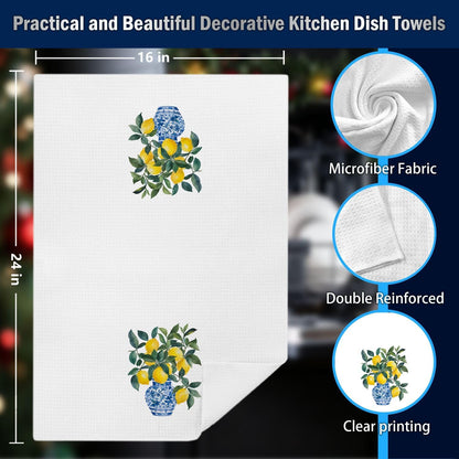Italian Lemon Kitchen Dish Towels, Lemon Kitchen Decor, Mediterranean Blue and White Tile Grandmillennial Chinoiserie Decorative Hand Tea Towels for Bathroom, 16x24 Inches Set of 2