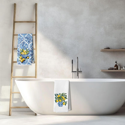 Italian Lemon Kitchen Dish Towels, Lemon Kitchen Decor, Mediterranean Blue and White Tile Grandmillennial Chinoiserie Decorative Hand Tea Towels for Bathroom, 16x24 Inches Set of 2