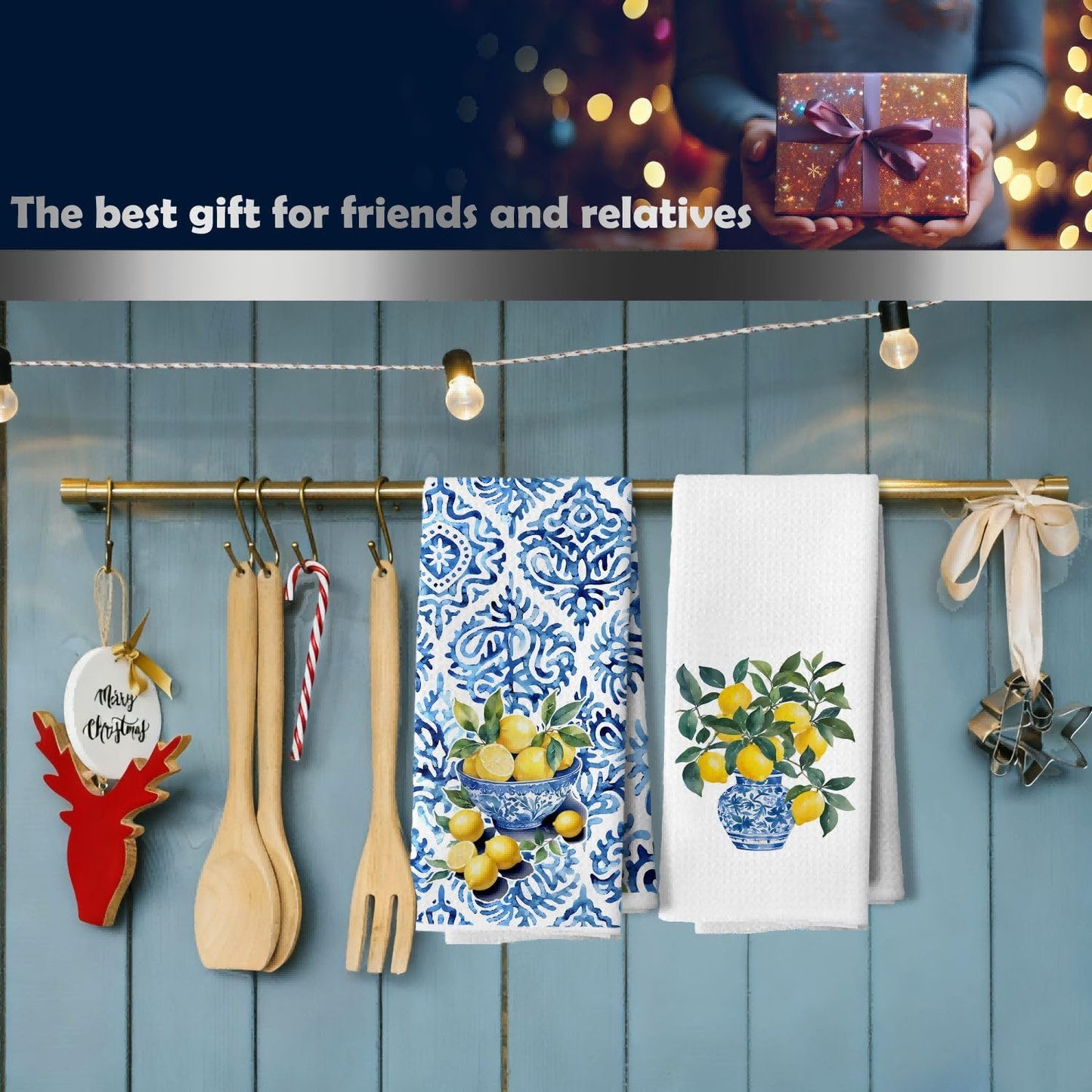 Italian Lemon Kitchen Dish Towels, Lemon Kitchen Decor, Mediterranean Blue and White Tile Grandmillennial Chinoiserie Decorative Hand Tea Towels for Bathroom, 16x24 Inches Set of 2