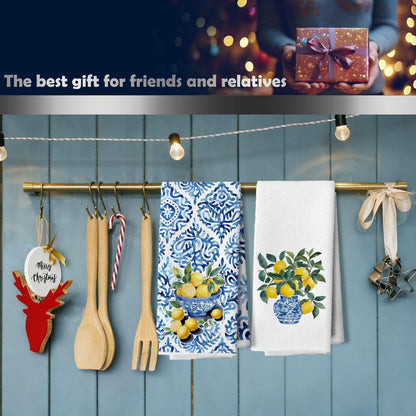 Italian Lemon Kitchen Dish Towels, Lemon Kitchen Decor, Mediterranean Blue and White Tile Grandmillennial Chinoiserie Decorative Hand Tea Towels for Bathroom, 16x24 Inches Set of 2