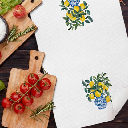 Italian Lemon Kitchen Dish Towels, Lemon Kitchen Decor, Mediterranean Blue and White Tile Grandmillennial Chinoiserie Decorative Hand Tea Towels for Bathroom, 16x24 Inches Set of 2