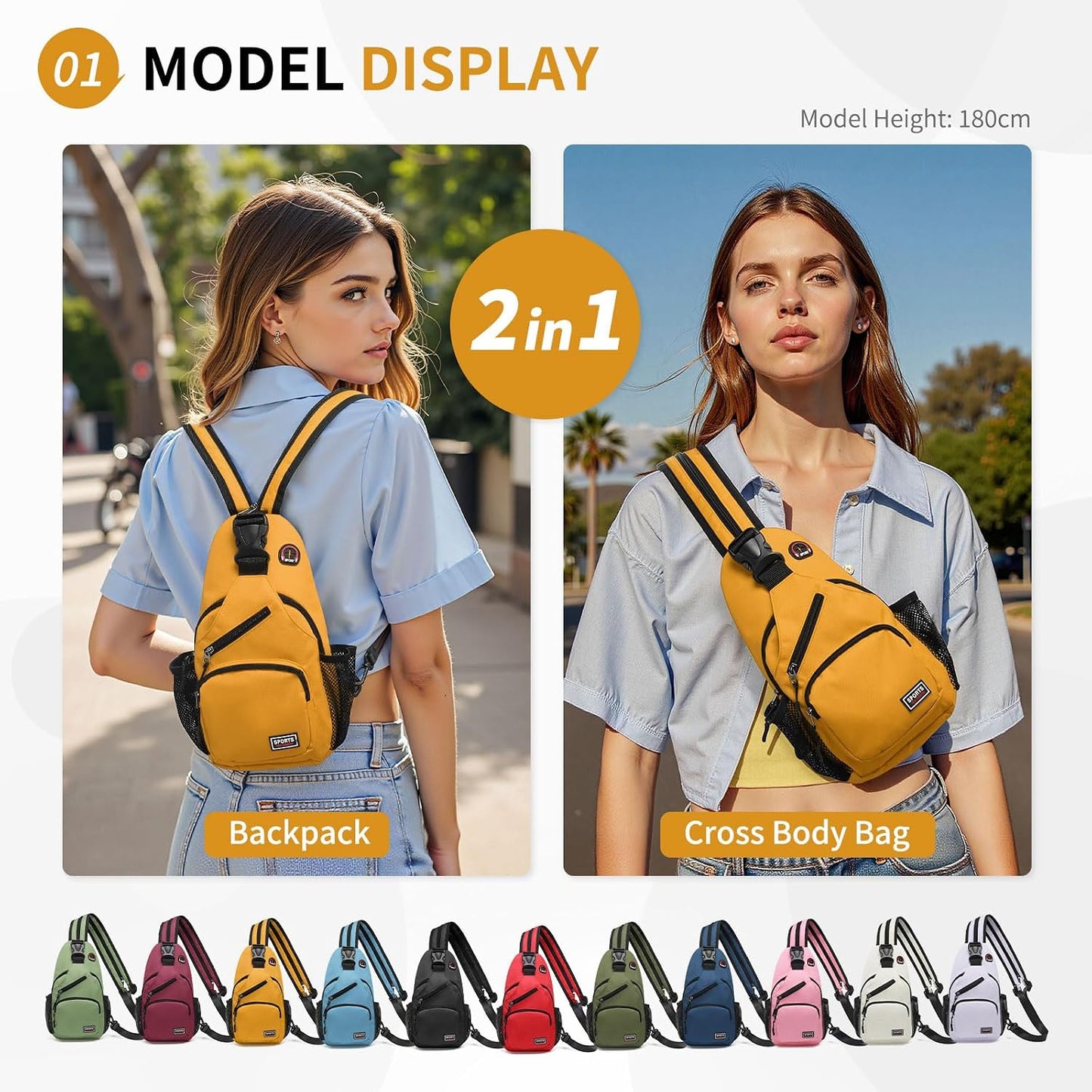 Convertible Sling Bag for Women Men Fit for 7.9" Tablet | Lightweight Mini Crossbody Backpack Daypack Anti-theft with Water Bottle Holder for Casual Travel Sport Hiking
