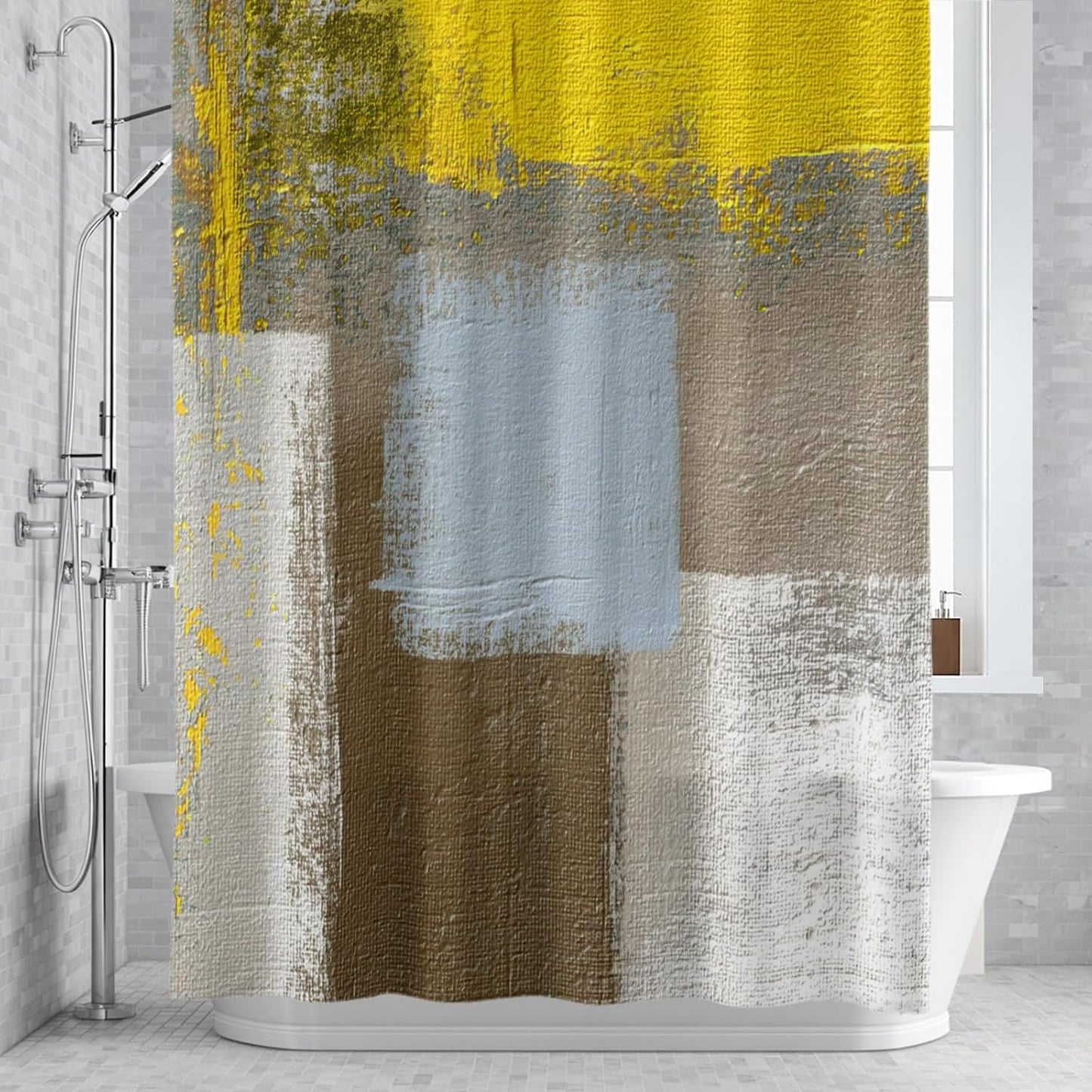Abstract Yellow Artwork Shower Curtain Modern Classic Geometric Art Waterproof Fabric Shower Curtain Set with 12 Hooks, Bathroom Curtains for Farmhouse Home Hotel Holiday Decor, 36" W x 72" L