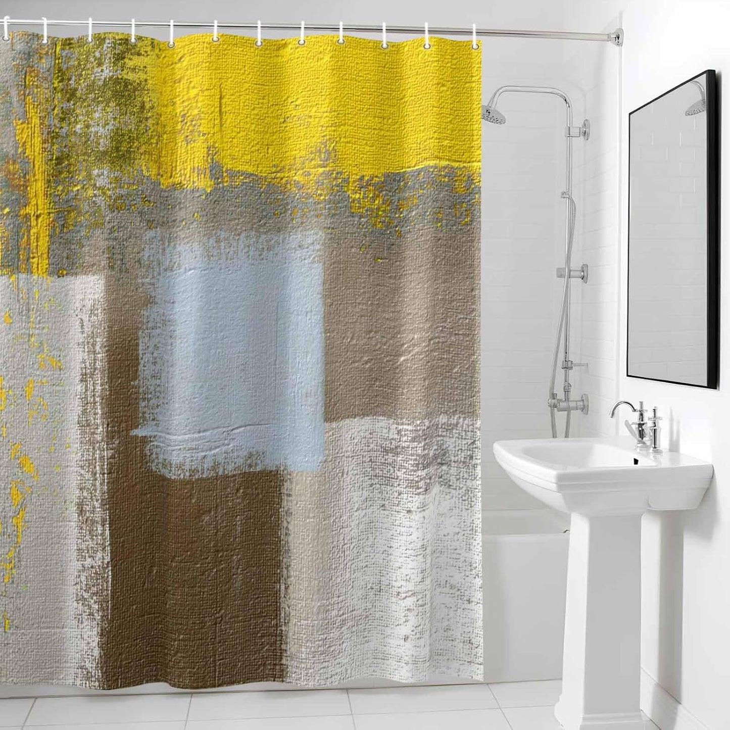 Abstract Yellow Artwork Shower Curtain Modern Classic Geometric Art Waterproof Fabric Shower Curtain Set with 12 Hooks, Bathroom Curtains for Farmhouse Home Hotel Holiday Decor, 36" W x 72" L