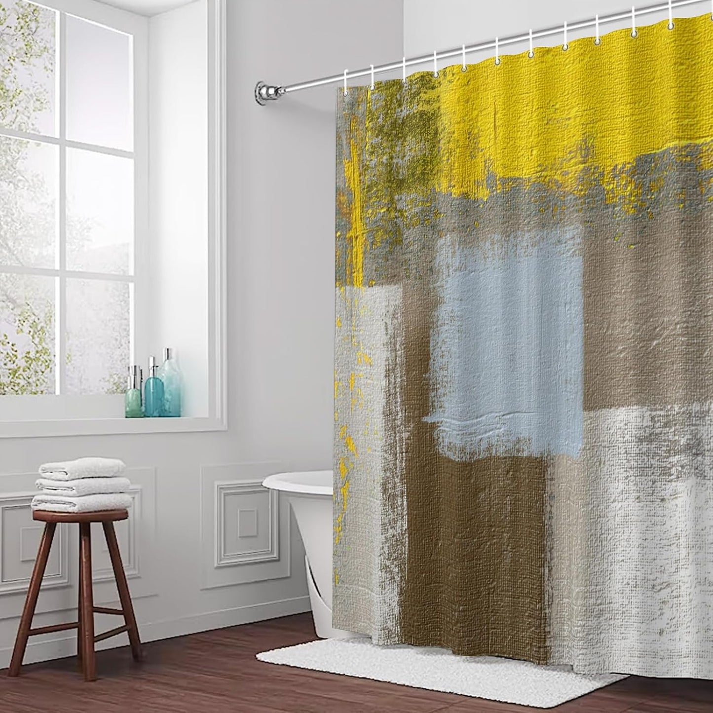 Abstract Yellow Artwork Shower Curtain Modern Classic Geometric Art Waterproof Fabric Shower Curtain Set with 12 Hooks, Bathroom Curtains for Farmhouse Home Hotel Holiday Decor, 36" W x 72" L