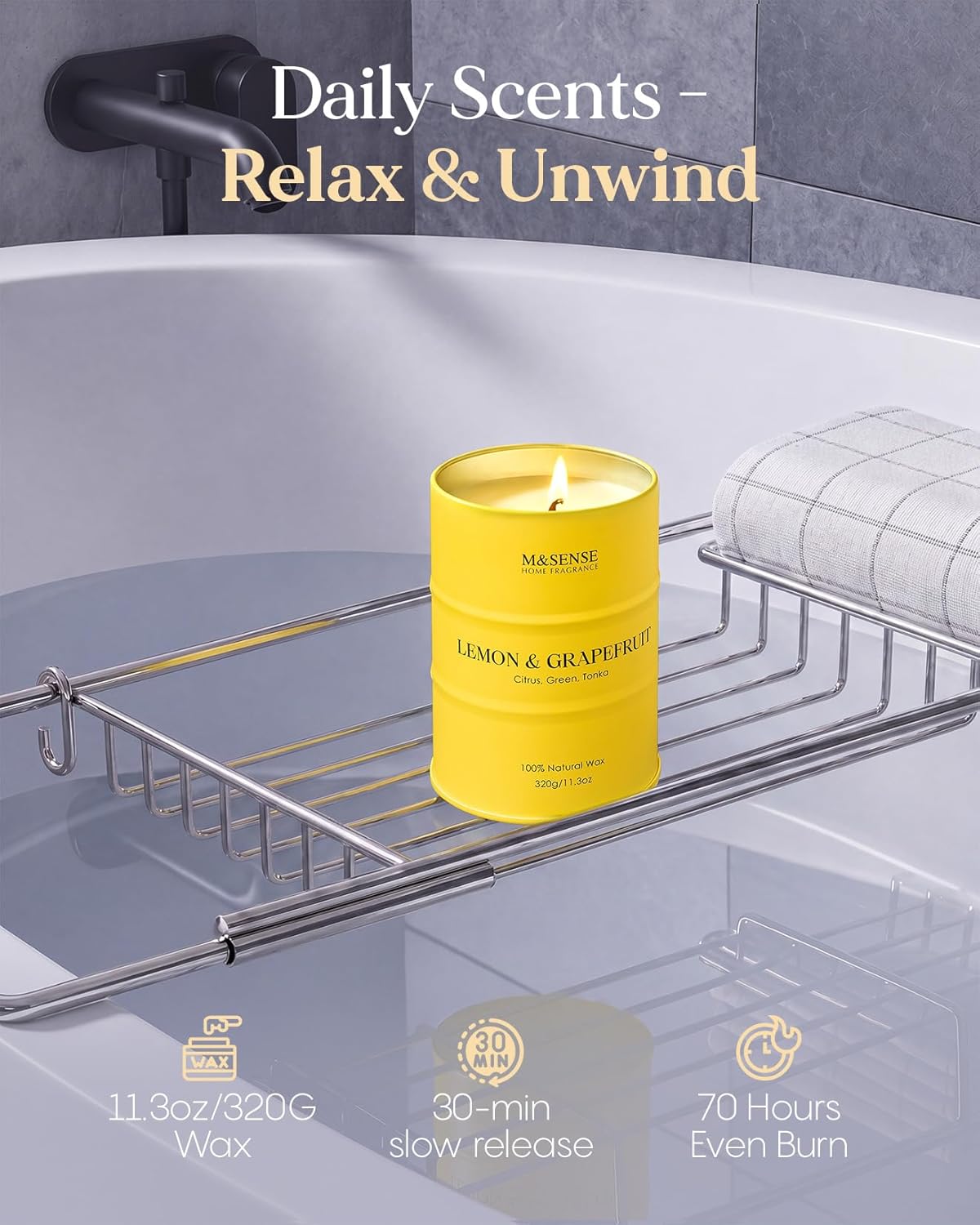 Lemon Candle,Summer Grapefruit Scented, Lemon Soy Candles 11.3oz 70 Hour Slow Burning, Limoncello Highly Scented Citrus Candles for Bathroom, Fresh Smelling Candle