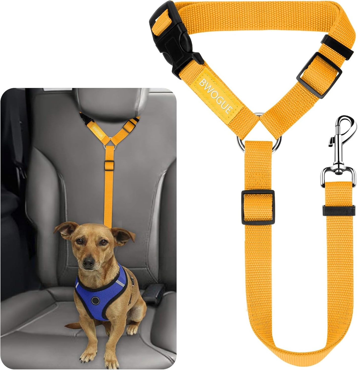 BWOGUE Dog Seat Belt for Car, Headrest Restraint Lead, Non-Elastic, Yellow | Safety Lead for Car Travel, 18.9-27.5 in Adjustable, 2-in-1 Seat Belt and Leash, Use with Dog Harness, Zinc Alloy Snap