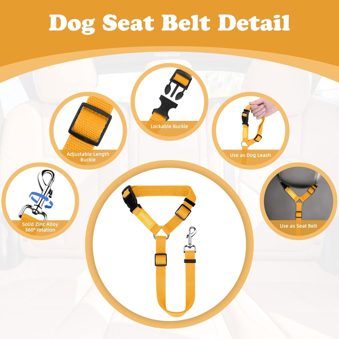 BWOGUE Dog Seat Belt for Car, Headrest Restraint Lead, Non-Elastic, Yellow | Safety Lead for Car Travel, 18.9-27.5 in Adjustable, 2-in-1 Seat Belt and Leash, Use with Dog Harness, Zinc Alloy Snap