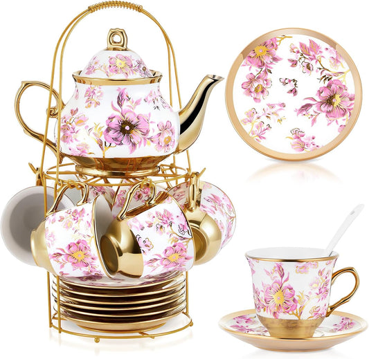 20 Pcs Porcelain Tea Set with Metal Holder and Spoon Adult Ceramic Tea Set European Flower Painting Teapot Cup Saucer Spoon for Women Mom Gift, Large Version (Purple Style)