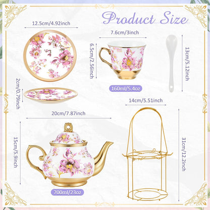 20 Pcs Porcelain Tea Set with Metal Holder and Spoon Adult Ceramic Tea Set European Flower Painting Teapot Cup Saucer Spoon for Women Mom Gift, Large Version (Purple Style)