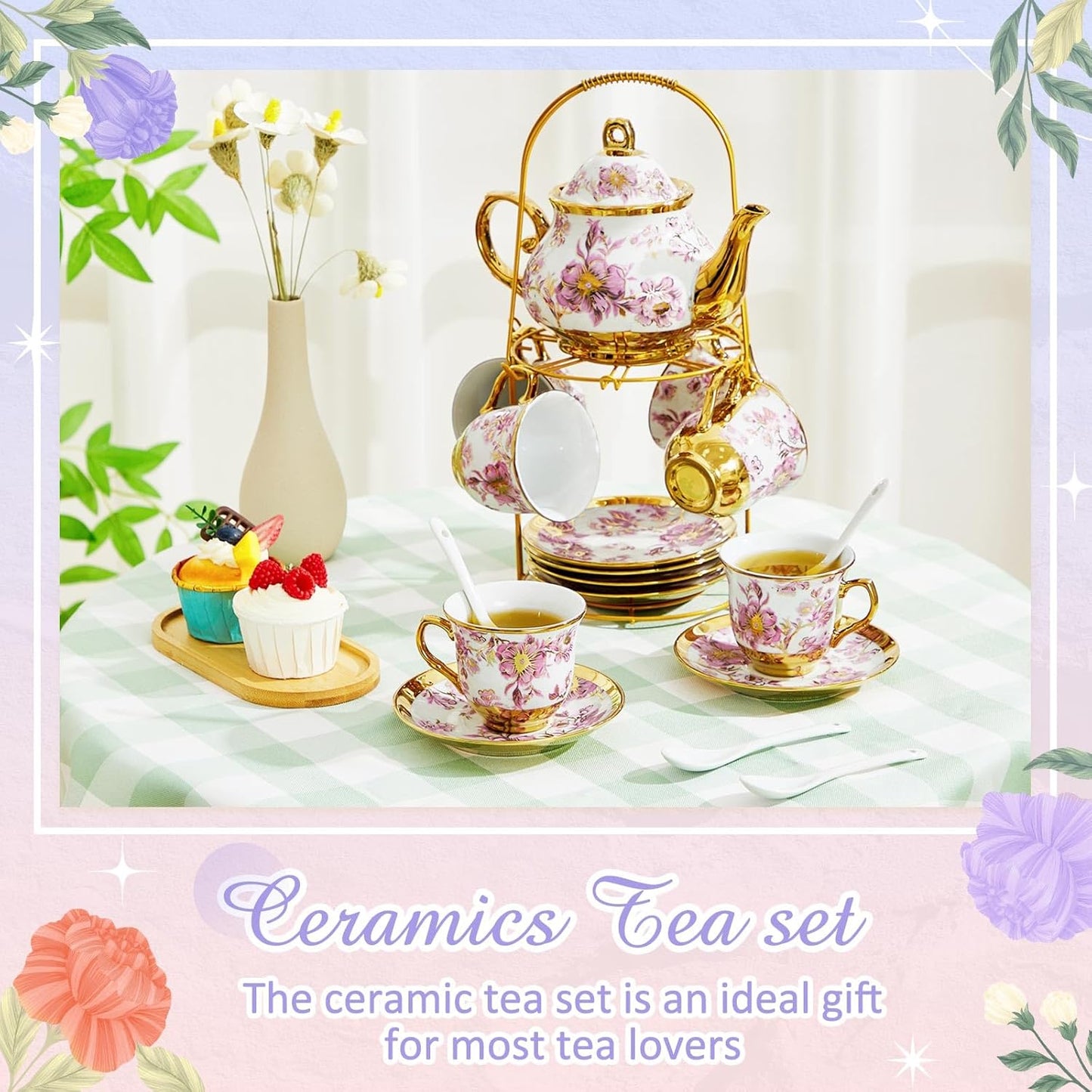 20 Pcs Porcelain Tea Set with Metal Holder and Spoon Adult Ceramic Tea Set European Flower Painting Teapot Cup Saucer Spoon for Women Mom Gift, Large Version (Purple Style)