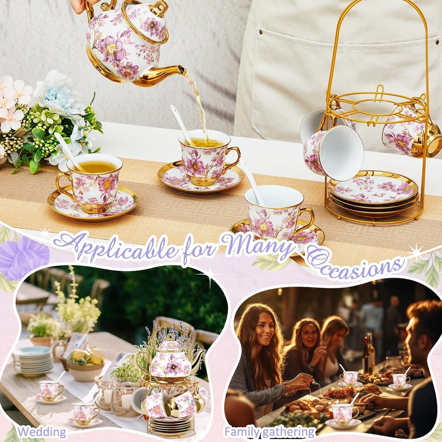 20 Pcs Porcelain Tea Set with Metal Holder and Spoon Adult Ceramic Tea Set European Flower Painting Teapot Cup Saucer Spoon for Women Mom Gift, Large Version (Purple Style)