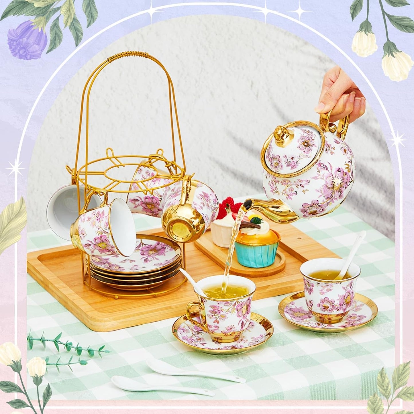 20 Pcs Porcelain Tea Set with Metal Holder and Spoon Adult Ceramic Tea Set European Flower Painting Teapot Cup Saucer Spoon for Women Mom Gift, Large Version (Purple Style)