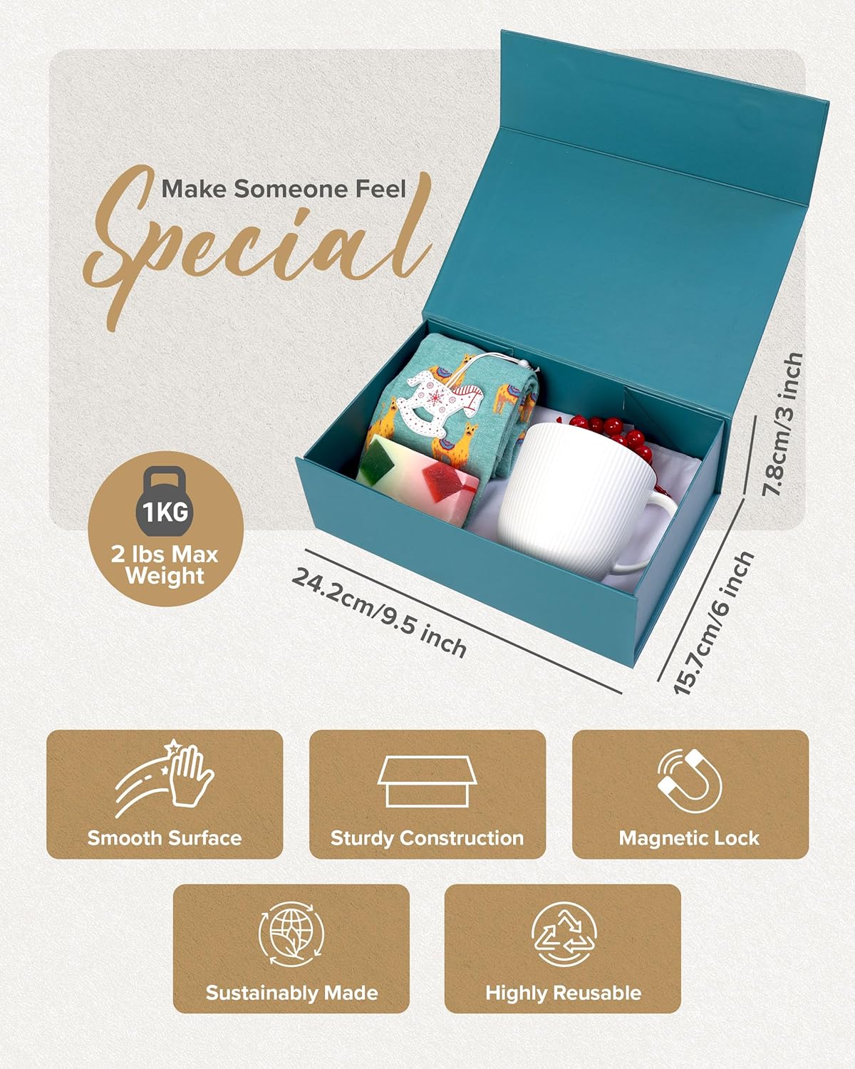 Green & Gold Gift Box 9.5 X 6 3 inch for Women & Men With Magnetic Lid, Ribbon, Card & Packing Paper for Presents & Gifting on Christmas, Weddings & Birthdays