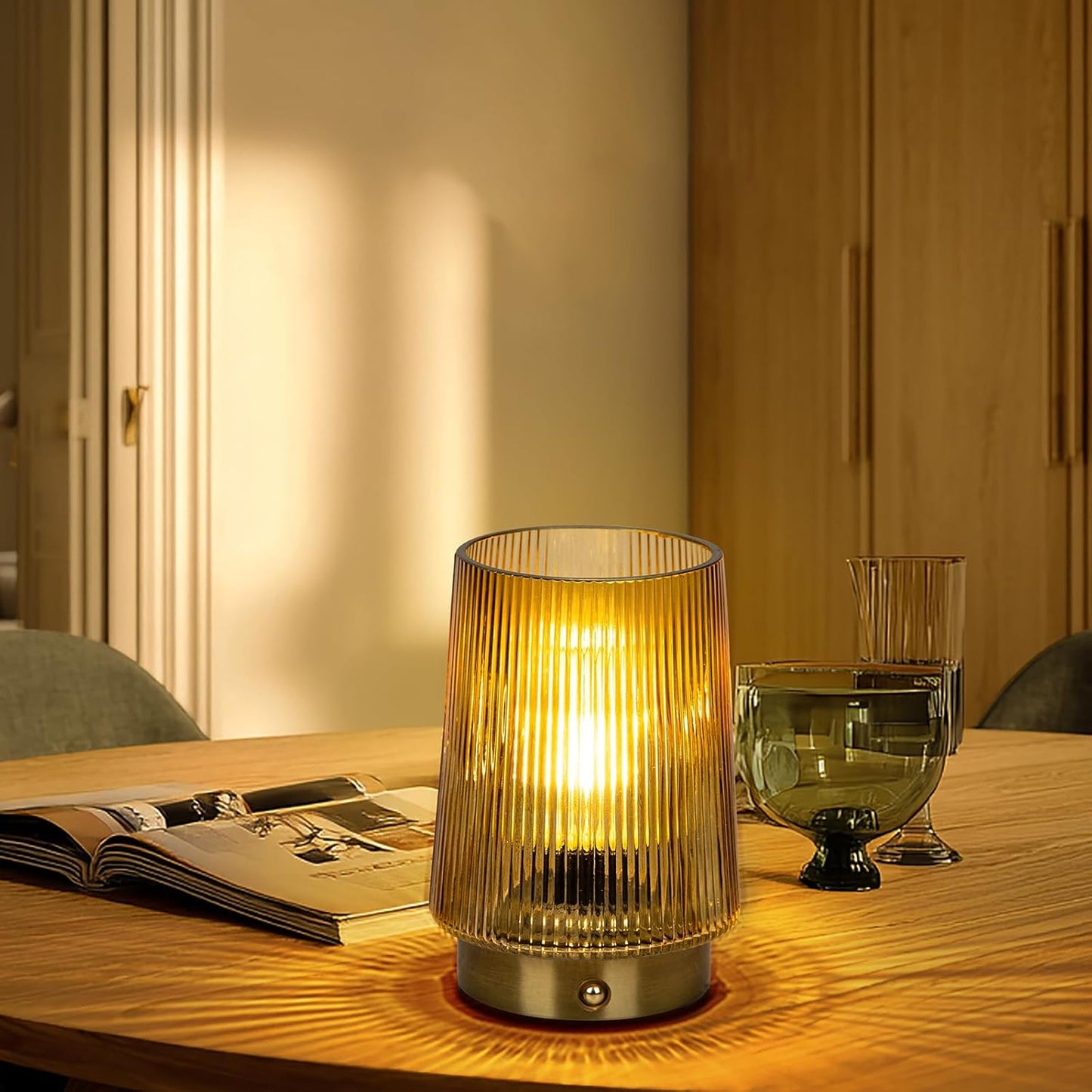 Cordless Lamps Rechargeable Glass Table Lamp Portable Dimmable Brightness Touch Battery Operated Lamp Cordless Beside Touch Lamp for Bedroom Kitchen Dining Bathroom Rechargeable Yellow